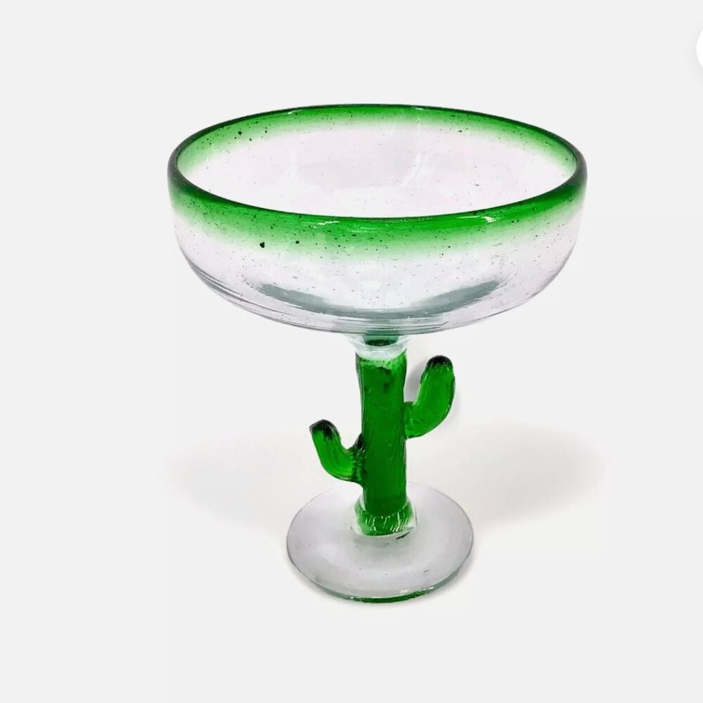 Handblown Mexican Margarita Green Rim Bubble Glass Cactus Stem